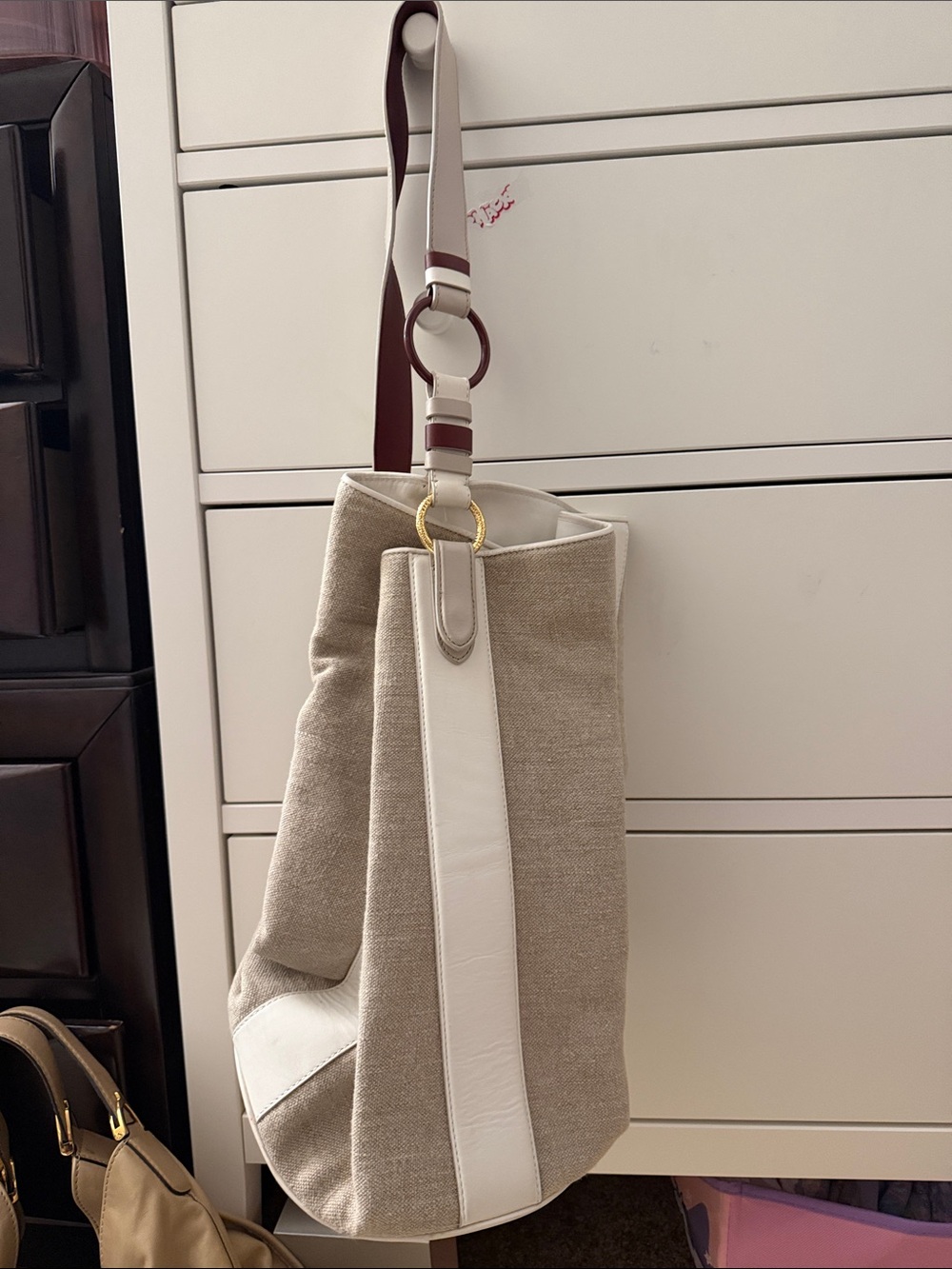 Diane Von Furstenberg Beige and White Canvas Shoulder Bag with Brown Strap